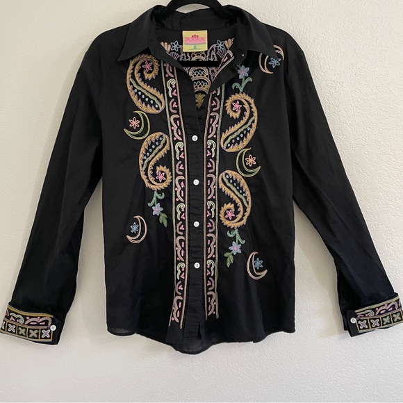 CAKE COUTURE Y2K XL embroidered Black Peacock Paisley Moon Neon Button Down - Picture 1 of 7